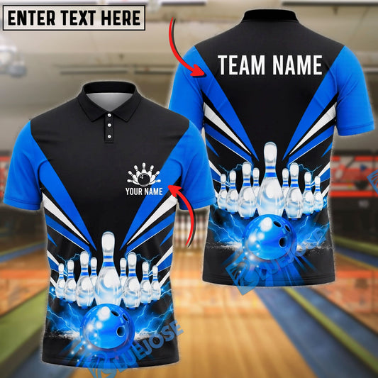 BlueJose Bowling And Pins Black Strike Pins Lightning Motion Graphic Customized Name, Team Name 3D Shirt (4 Colors)