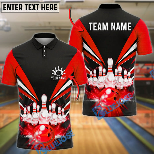 BlueJose Bowling And Pins Black Strike Pins Lightning Motion Graphic Customized Name, Team Name 3D Shirt (4 Colors)