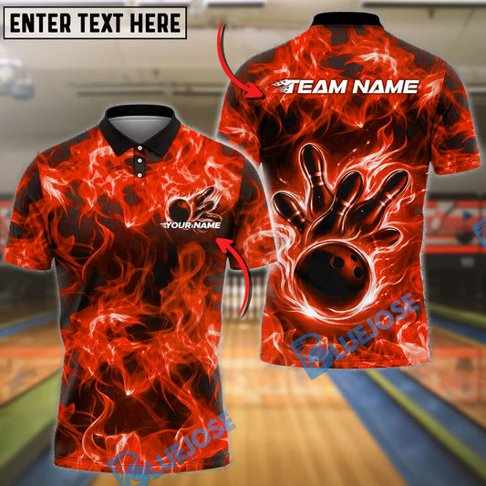 BlueJose Bowling And Pins Fire Smoke Strike Pins Dynamic Effect Customized Name, Team Name 3D Shirt (4 Colors)