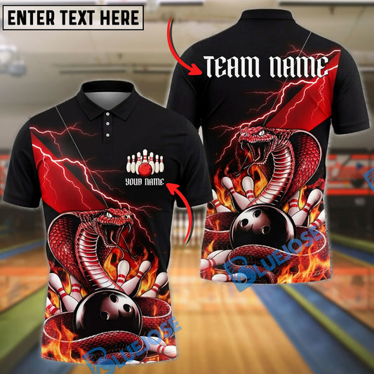 BlueJose Bowling And Pins Snake Cobra Fire Strike Aggressive Graphic Customized Name, Team Name 3D Shirt (4 Colors)