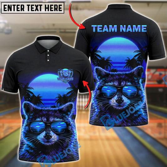 BlueJose Bowling And Pins Raccoon Sunset Retro Vaporwave Style Customized Name, Team Name 3D Shirt (4 Colors)