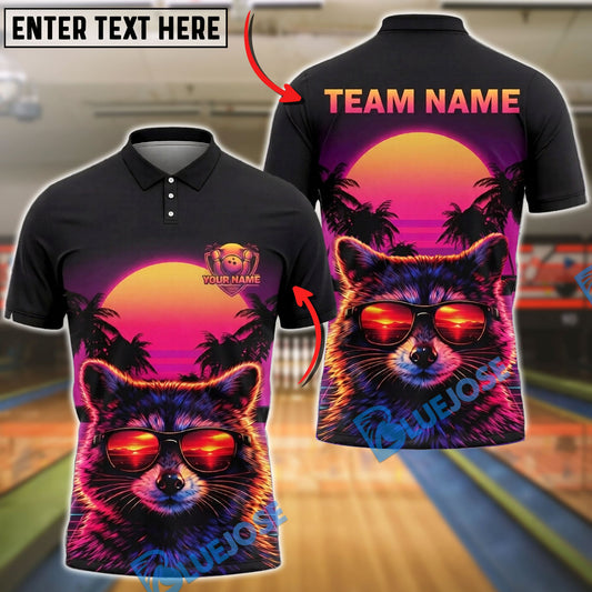 BlueJose Bowling And Pins Raccoon Sunset Retro Vaporwave Style Customized Name, Team Name 3D Shirt (4 Colors)