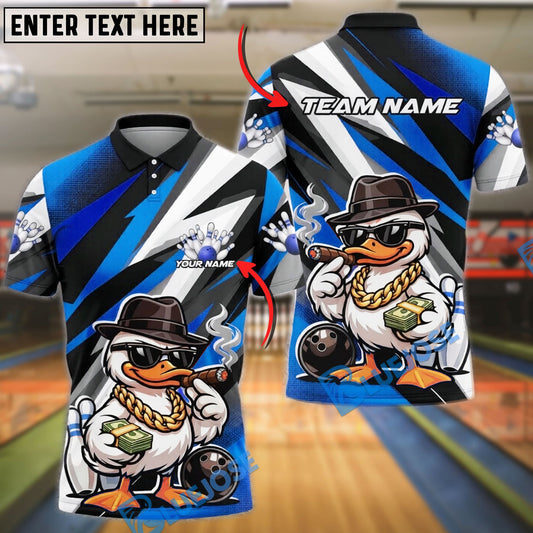 BlueJose Bowling And Pins Gangster Duck Money Cigar Funny Cartoon Design Customized Name, Team Name 3D Shirt (4 Colors)