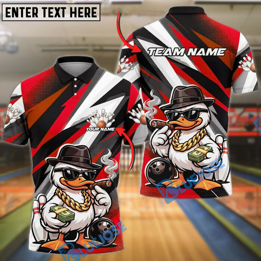 BlueJose Bowling And Pins Gangster Duck Money Cigar Funny Cartoon Design Customized Name, Team Name 3D Shirt (4 Colors)
