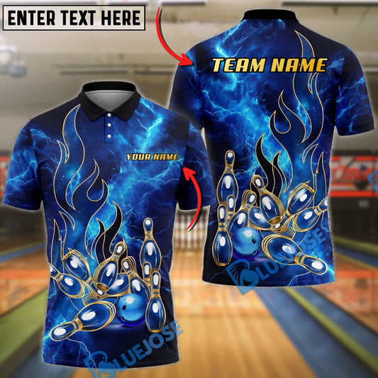 BlueJose Bowling And Pins Lightning Strike Pins Energy Flame Design Customized Name, Team Name 3D Shirt (4 Colors)