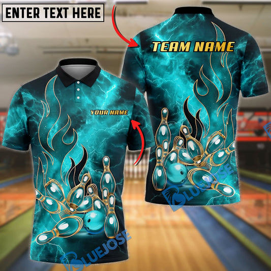 BlueJose Bowling And Pins Lightning Strike Pins Energy Flame Design Customized Name, Team Name 3D Shirt (4 Colors)