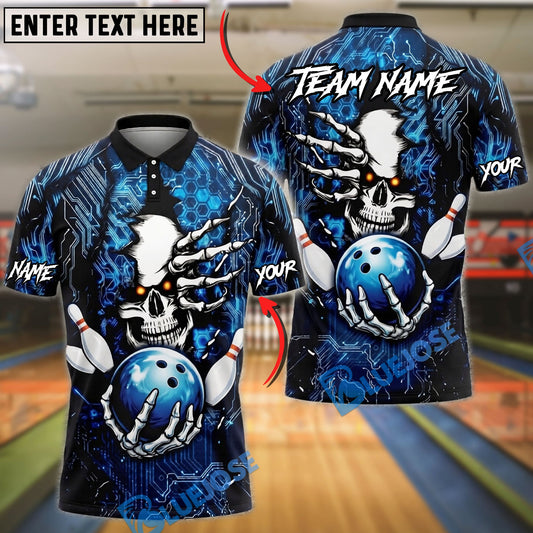 BlueJose Bowling And Pins Cyber Skull Neon Circuit Graphic Customized Name, Team Name 3D Shirt (4 Colors)