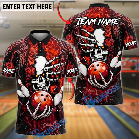 BlueJose Bowling And Pins Cyber Skull Neon Circuit Graphic Customized Name, Team Name 3D Shirt (4 Colors)