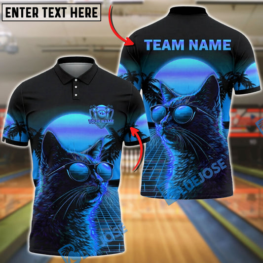 BlueJose Bowling And Pins Neon Cat Synthwave Grid Aesthetic Customized Name, Team Name 3D Shirt (4 Colors)