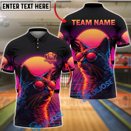 BlueJose Bowling And Pins Neon Cat Synthwave Grid Aesthetic Customized Name, Team Name 3D Shirt (4 Colors)