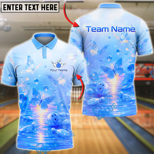 BlueJose Bowling And Pins Butterfly Dream Pastel Fantasy Glow Design Customized Name, Team Name 3D Shirt (4 Colors)