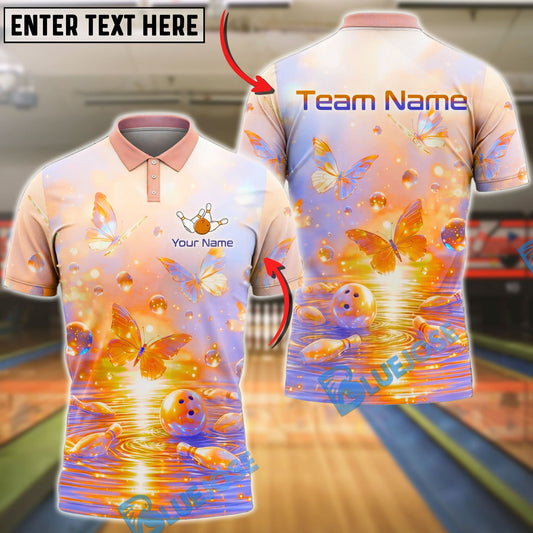 BlueJose Bowling And Pins Butterfly Dream Pastel Fantasy Glow Design Customized Name, Team Name 3D Shirt (4 Colors)