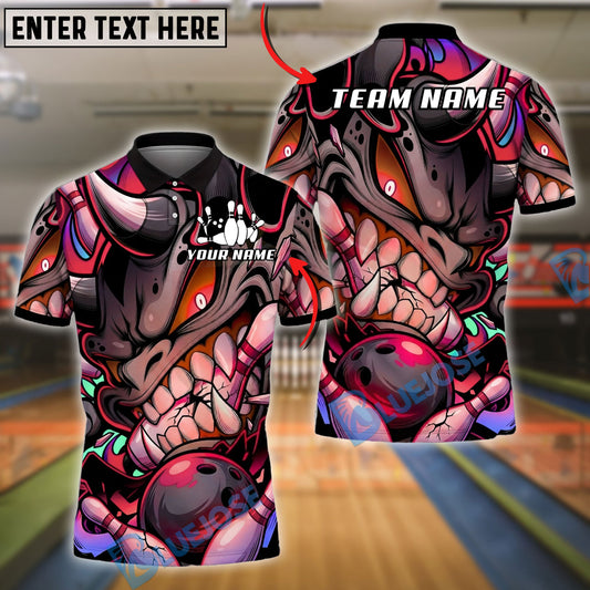 BlueJose Bowling And Pins Graffiti Monster Face Bowling Ball Smash Art Customized Name, Team Name 3D Shirt (4 Colors)