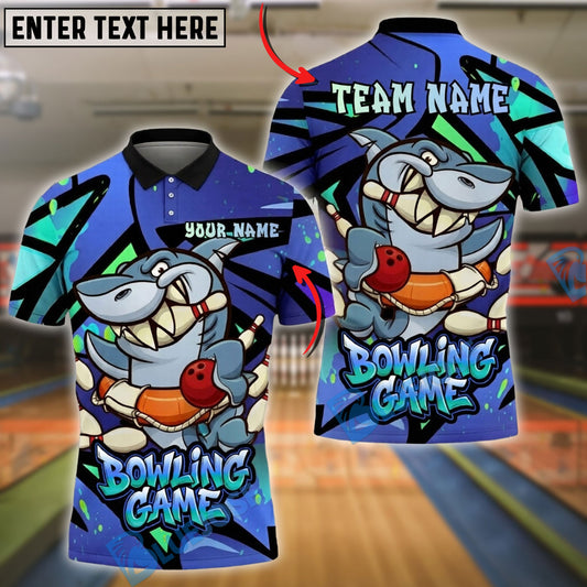 BlueJose Bowling And Pins Cartoon Shark Strike Fun Game Graphic Customized Name, Team Name 3D Shirt (4 Colors)