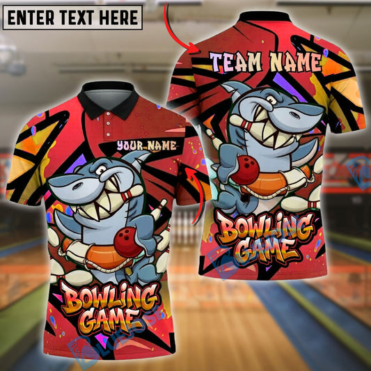 BlueJose Bowling And Pins Cartoon Shark Strike Fun Game Graphic Customized Name, Team Name 3D Shirt (4 Colors)