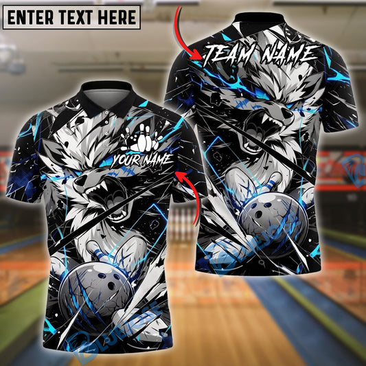 BlueJose Bowling And Pins Angry Wolf Strike Lightning Graphic Customized Name, Team Name 3D Shirt (4 Colors)