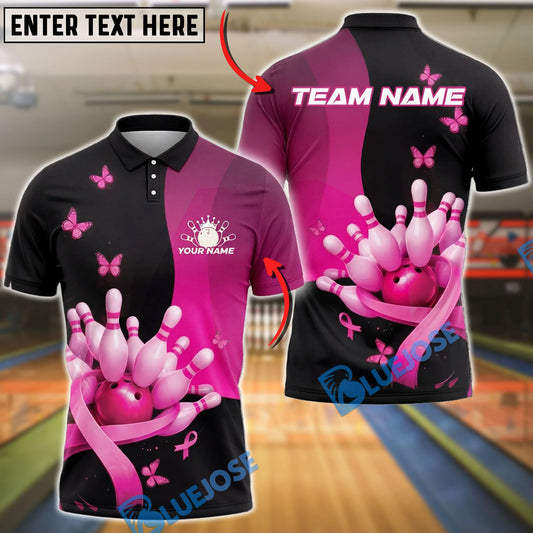 BlueJose Bowling And Pins Pink Ribbon Breast Cancer Awareness Design Customized Name, Team Name 3D Shirt
