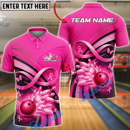BlueJose Bowling And Pins Pink Breast Cancer Ribbon Strike Graphic Customized Name, Team Name 3D Shirt