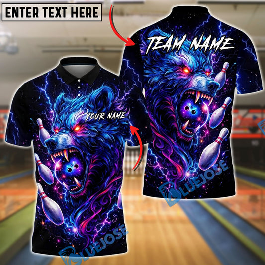 BlueJose Bowling And Pins Neon Wolf Lightning Galaxy Style Customized Name, Team Name 3D Shirt (4 Colors)