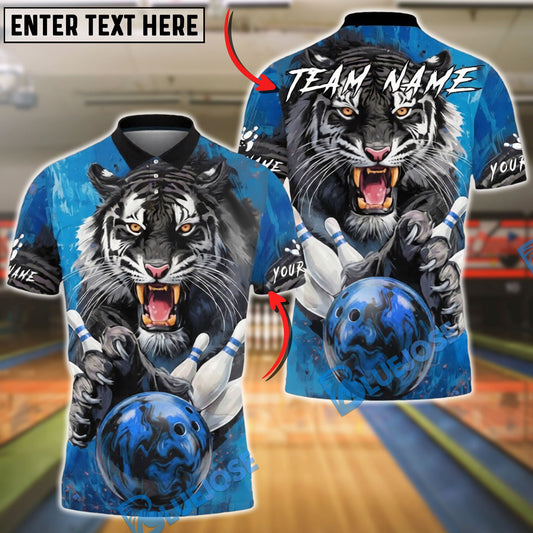 BlueJose Bowling & Pins Fierce Gray Tiger Power  Customized Name, Team Name 3D Shirt (4 Colors)