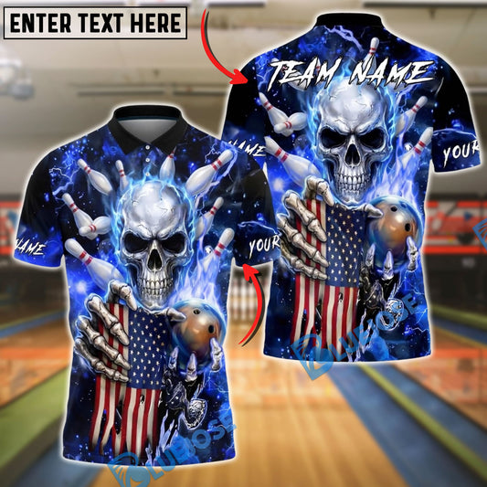 BlueJose Bowling & Pins American Flag Skull Strike Electric Blue Lightning Customized Name, Team Name 3D Shirt (6 Colors)