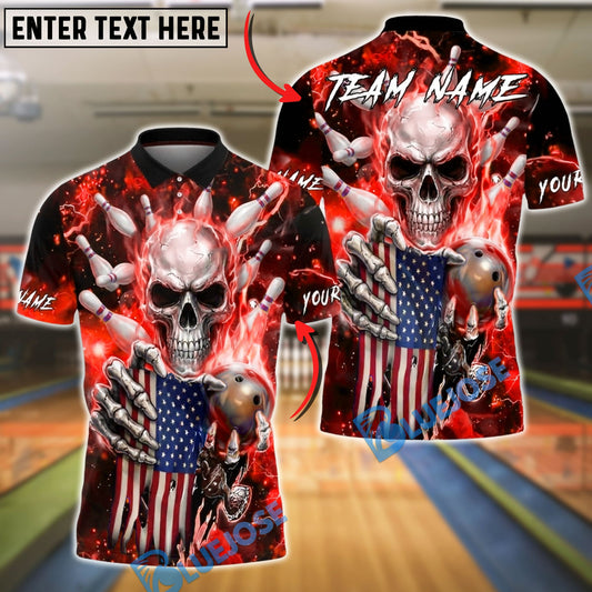 BlueJose Bowling & Pins American Flag Skull Strike Electric Blue Lightning Customized Name, Team Name 3D Shirt (6 Colors)