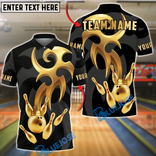 BlueJose Bowling & Pins Golden Crown Strike Emblem Customized Name, Team Name 3D Shirt (6 Colors)
