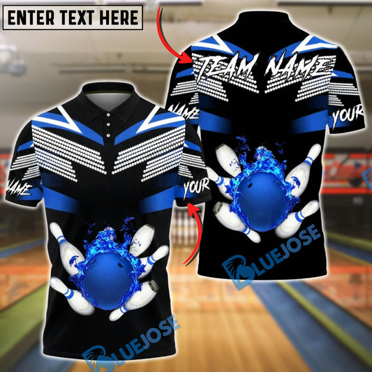 BlueJose Bowling & Pins Fire Ball Strike Black Customized Name, Team Name 3D Shirt (4 Colors)
