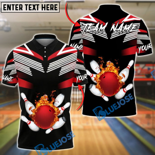 BlueJose Bowling & Pins Fire Ball Strike Black Customized Name, Team Name 3D Shirt (4 Colors)