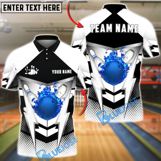 BlueJose Bowling & Pins Lightning Strike Fire Ball Graphic Customized Name, Team Name 3D Shirt (4 Colors)