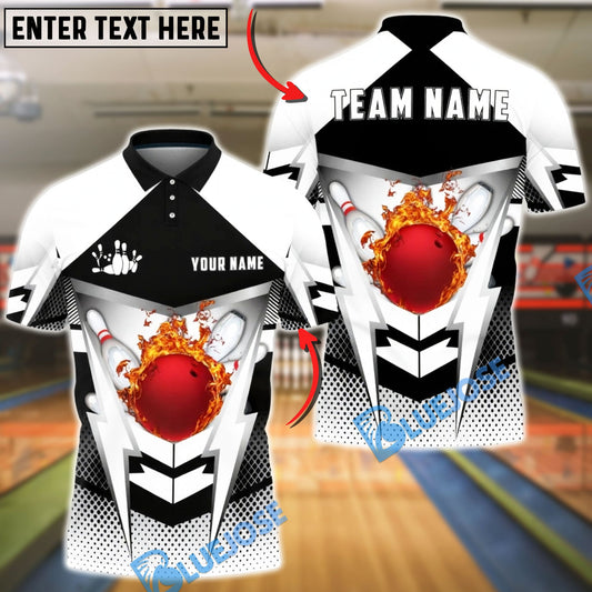 BlueJose Bowling & Pins Lightning Strike Fire Ball Graphic Customized Name, Team Name 3D Shirt (4 Colors)