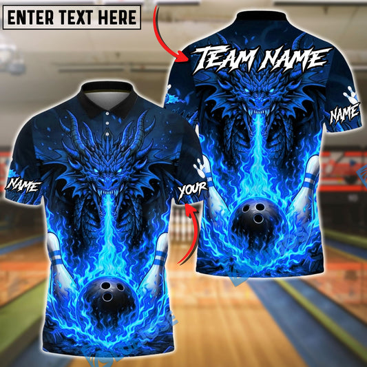 BlueJose Bowling & Pins Dragon Fire Breath Flaming Ball Graphic Customized Name, Team Name 3D Shirt (4 Colors)