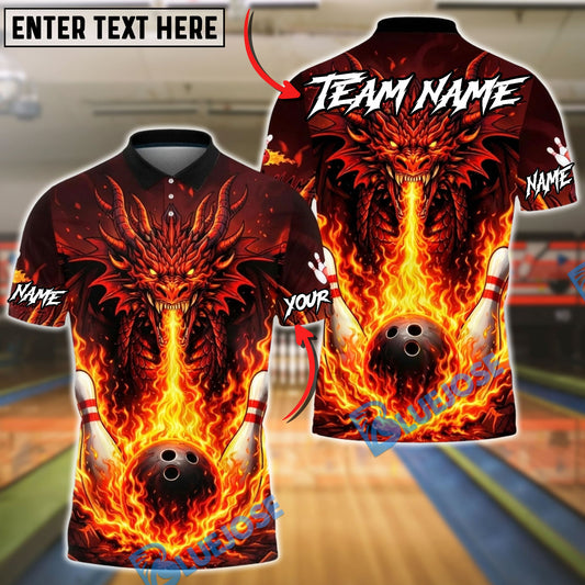 BlueJose Bowling & Pins Dragon Fire Breath Flaming Ball Graphic Customized Name, Team Name 3D Shirt (4 Colors)