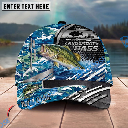BlueJose Fishing Blue Camouflage Fishing Boat Metal Pattern Personalized Name Classic 3D Cap Personalized Cap (13 Breeds)