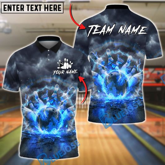 BlueJose Bowling & Pins Flaming Impact Storm Strike Graphic Customized Name, Team Name 3D Shirt (4 Colors)