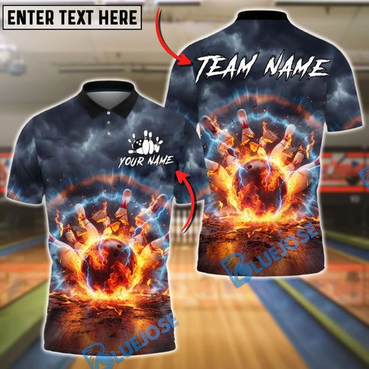 BlueJose Bowling & Pins Flaming Impact Storm Strike Graphic Customized Name, Team Name 3D Shirt (4 Colors)
