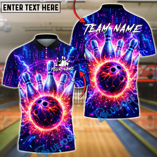 BlueJose Bowling & Pins Neon Cyberpunk Lightning Strike Graphic Customized Name, Team Name 3D Shirt (4 Colors)