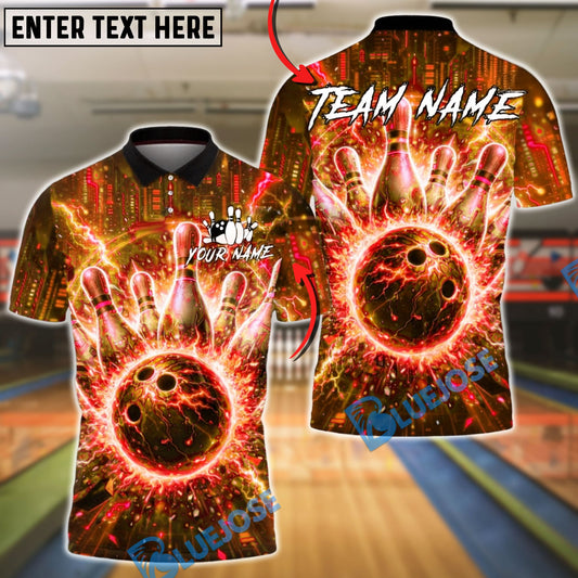 BlueJose Bowling & Pins Neon Cyberpunk Lightning Strike Graphic Customized Name, Team Name 3D Shirt (4 Colors)