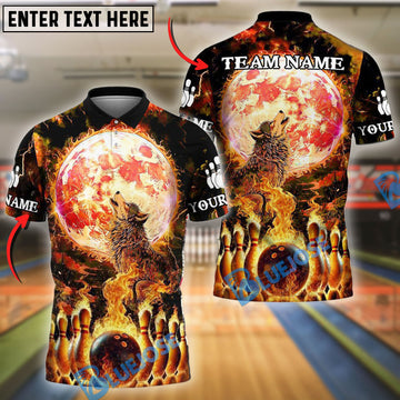 BlueJose Bowling And Pins Moon Wolf Flame Pattern Customized Name, Team Name 3D Shirt (4 Colors)
