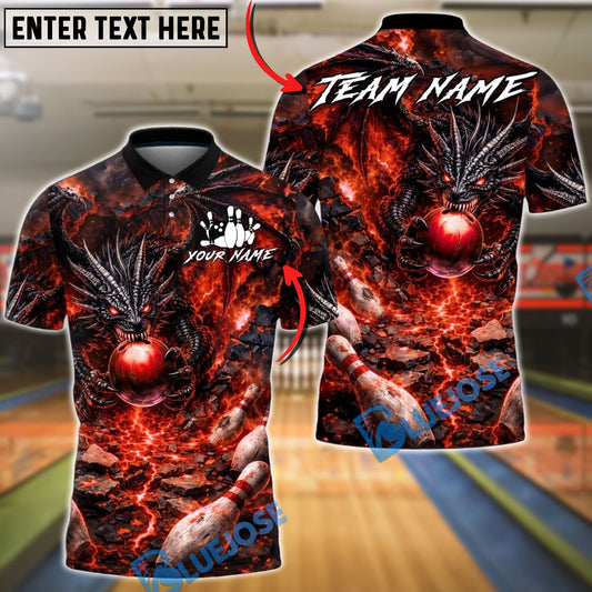 BlueJose Bowling & Pins Fire Dragon Lava Hell Customized Name, Team Name 3D Shirt (4 Colors)