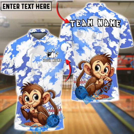 BlueJose Bowling & Pins Monkey Cute Cartoon Customized Name, Team Name 3D Shirt (4 Colors)