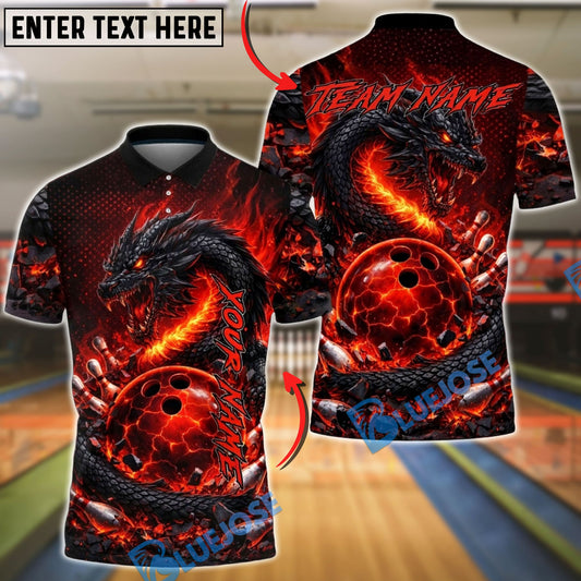 BlueJose Bowling & Pins Fire Dragon Lava Customized Name, Team Name 3D Shirt (4 Colors)