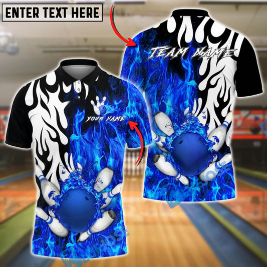 BlueJose Bowling & Pins Flame Splash Power Strike Customized Name, Team Name 3D Shirt (4 Colors)