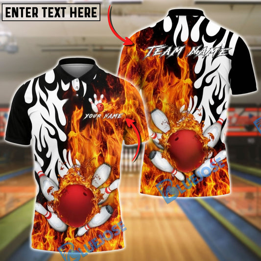 BlueJose Bowling & Pins Flame Splash Power Strike Customized Name, Team Name 3D Shirt (4 Colors)