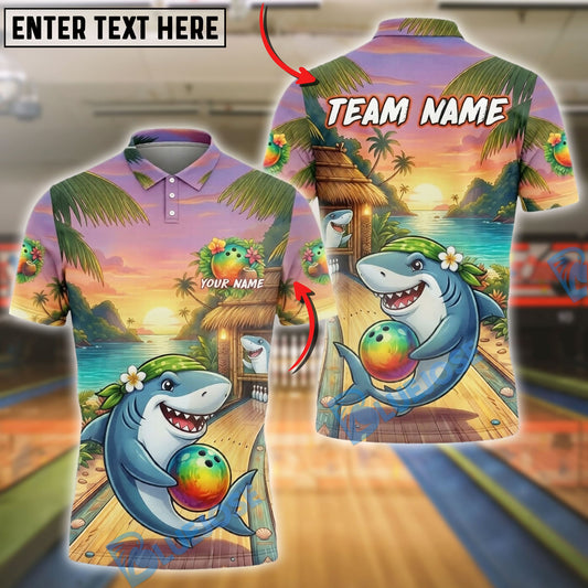 BlueJose Bowling And Pins Tropical Sunset Beach Shark Aloha Design Customized Name, Team Name 3D Shirt