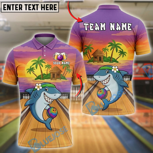 BlueJose Bowling And Pins Tropical Shark Sunset Shirt Island Vibes Design Customized Name, Team Name 3D Shirt