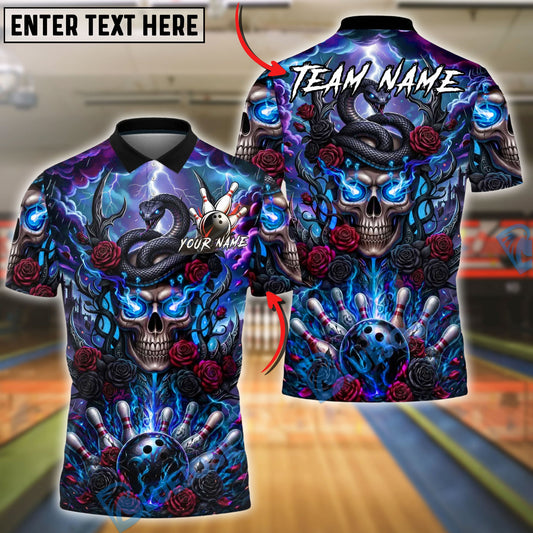 BlueJose Bowling And Pins Snake Lightning Dark Gothic Skull Roses Design Customized Name, Team Name 3D Shirt (4 Colors)