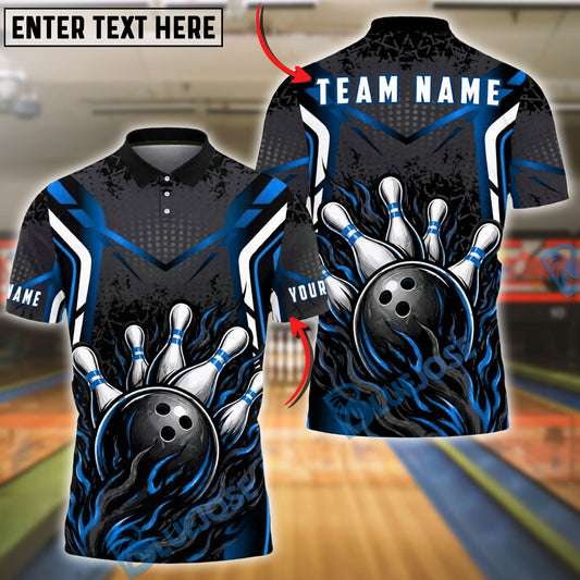 BlueJose Bowling And Pins Black Strike Flame Customized Name, Team Name 3D Shirt (4 Colors)