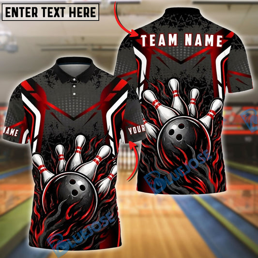 BlueJose Bowling And Pins Black Strike Flame Customized Name, Team Name 3D Shirt (4 Colors)