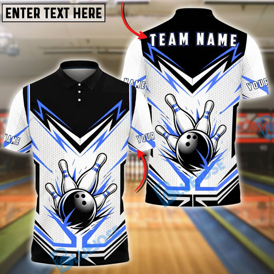 BlueJose Bowling And Pins White Energy Ball Design Customized Name, Team Name 3D Shirt (4 Colors)